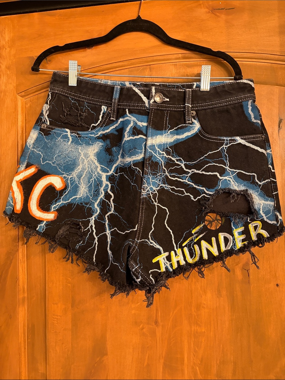 Black Lightning Graphic Denim Shorts with Thunder Accent